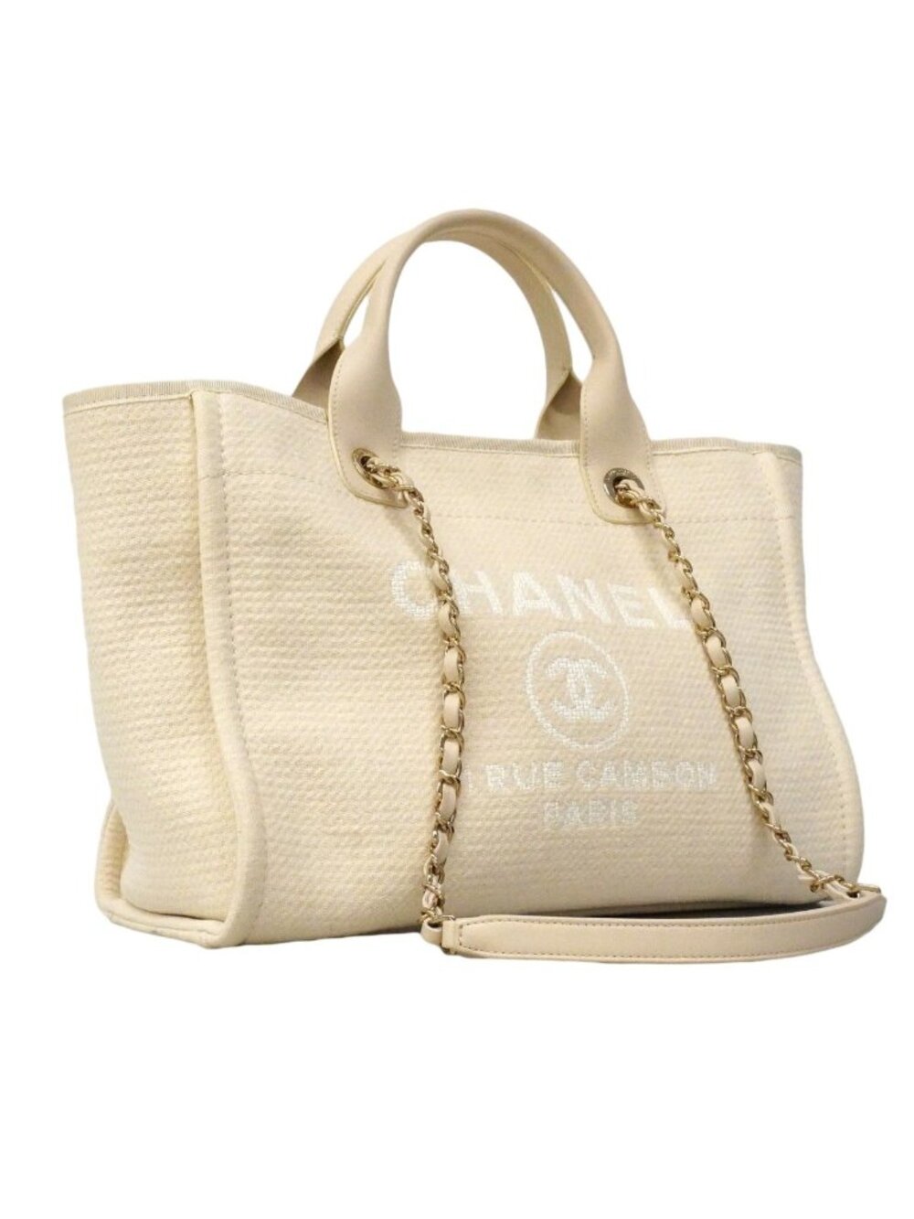 Chanel Handbag Deauville Canvas White Champagne Gold 2-Way - Picture 2 of 10